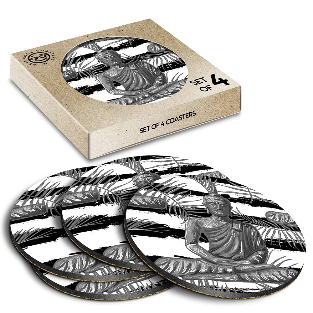 4 x Eco Boxed Cork Coasters - BW - Buddha Statue Yoga Drink Cup Mug Glass Table Mat #40866