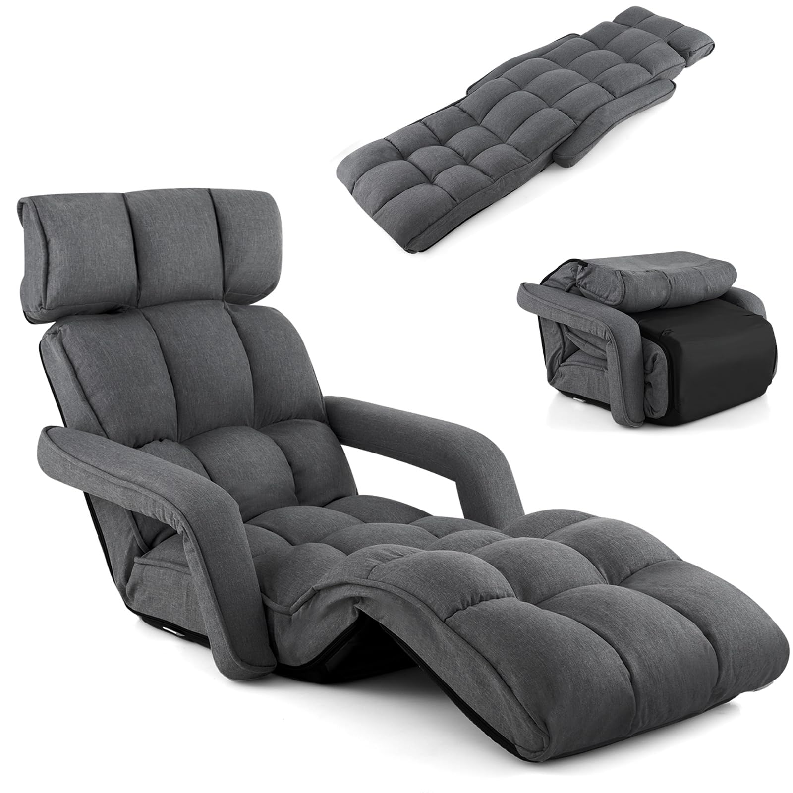 RELAX4LIFE Relaxliege, Bodenliege 6-Fach Einstellbar, Bodenstuhl Faltbar, Relaxsessel mit Schlaffunktion, Liegesessel mit Armlehnen, bis 140kg belastbar, Klappsessel für Schlafen Lesen (Dunkelgrau)