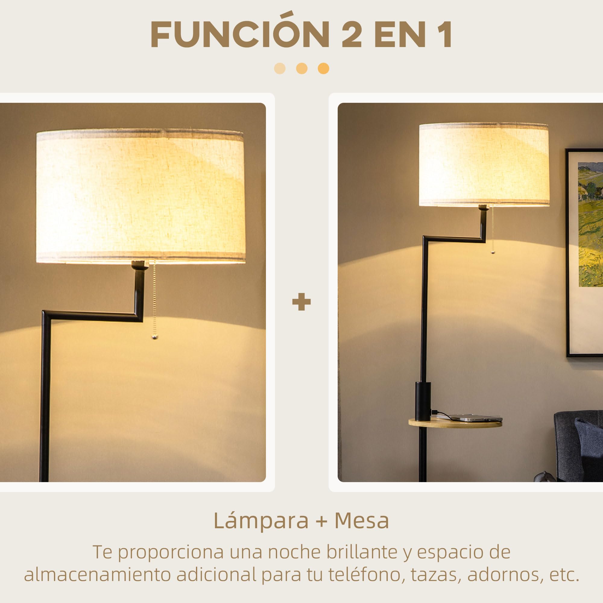 HOMCOM Lámpara de Pie con Mesita Auxiliar Lámpara con Estante Cargador USB Casquillo E27 Máx. 40W con Pantalla de Lino Interruptor de Cadena para Salón Ø40x170 cm Natural