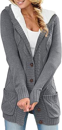 Sidefeel Women Hooded Fleece Lined Sweater Cardigan Button Down Front Winter Coat
