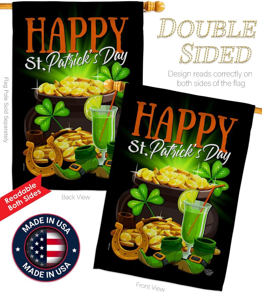 Happy Saint Patrick Day House Flag Spring St Shamrock Leprechaun Lucky Coin Holiday March Irish Clover Decoration Banner Small Garden Yard Gift Double-Sided, Made in USA