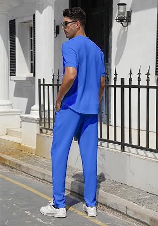 Men's Tracksuits 2pcs Short Sleeve Zip Workout Top & Trouser Set for Casual Sport Summer Outfits Lounge