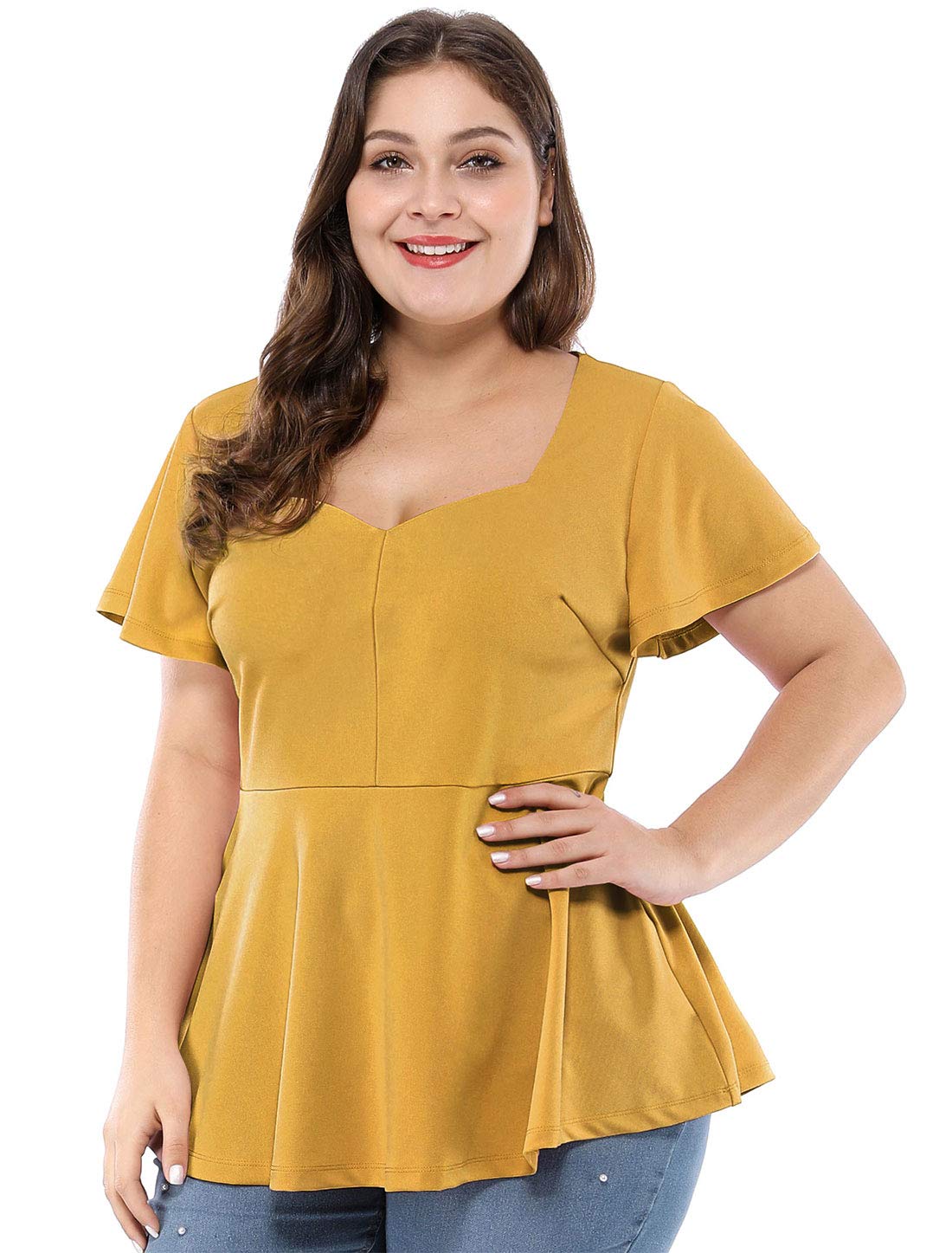 Agnes Orinda Women's Plus Size Ruffle Sleeves Sweetheart Peplum Top