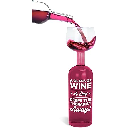BigMouth Inc. Giant Wine Bottle Glass – Holds an entire 750mL Bottle of Wine, Reads “A Glass Of Wine A Day Keeps The Therapist Away”, Great Gift for Wine Lovers