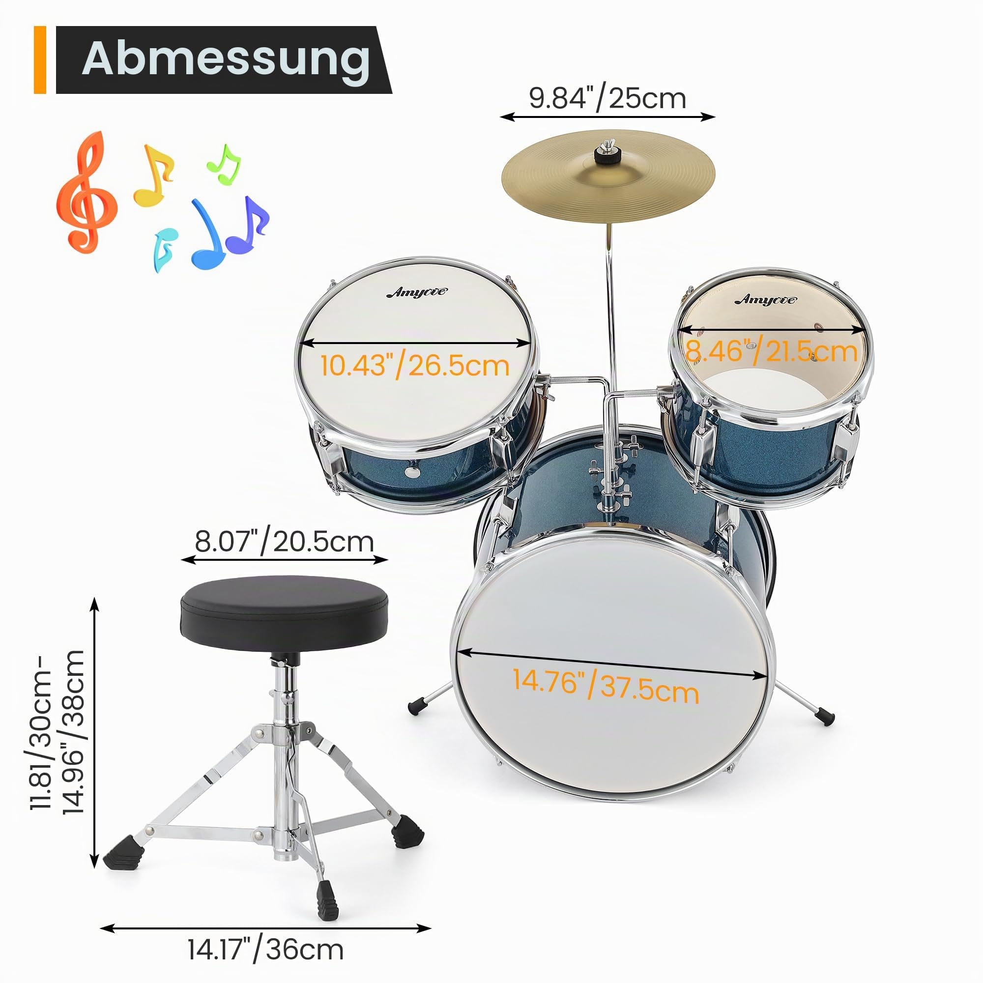 Kinder-Schlagzeug 3-Teilig Schlagzeugset – Kompaktes Schlagzeug Für Anfänger mit Bass Drum, Snare, Tom, Becken & Hocker – Hartholz & Stahl, Blau, für Konzert & Übung ab 6 Jahren