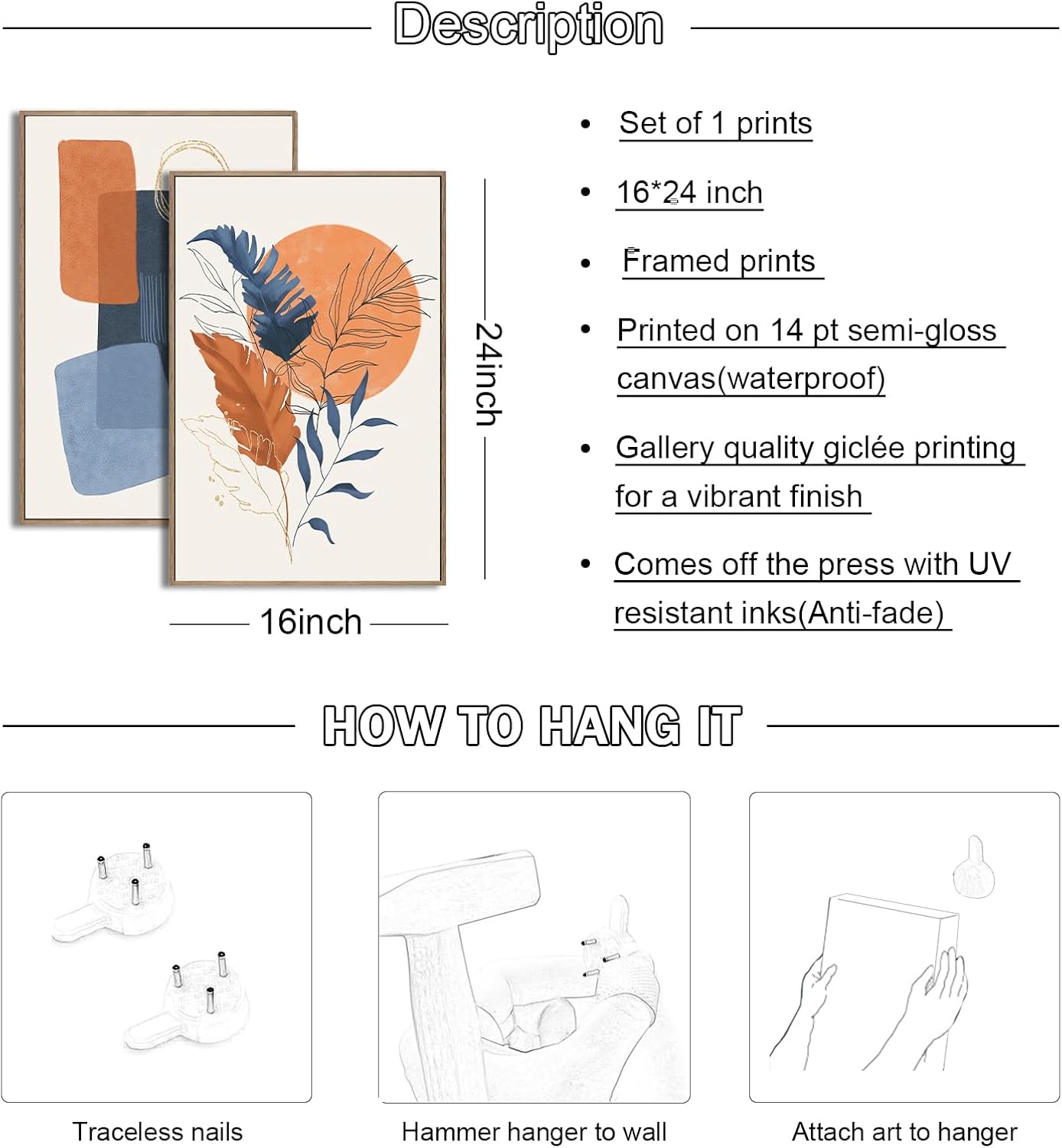 Large Boho Wall Art Set of 3, 16"x24" Mid Century Modern Wall Decor Framed Canvas Print Minimalist Wall Art Geometric Abstract Modern Neutral Boho Wall Art Decor for Living Room Bedroom Bathroom