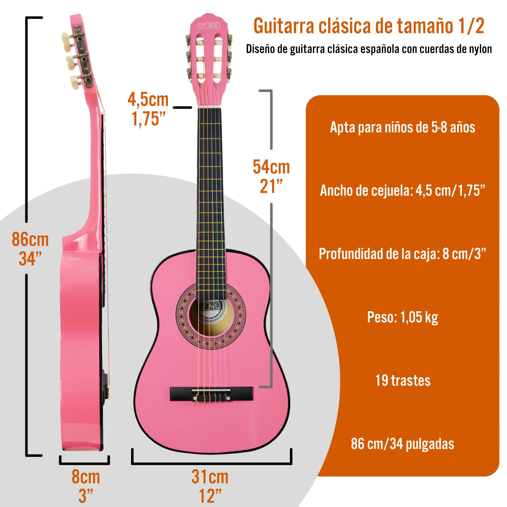 3rd Avenue Paquete Para Principiantes Con Cuerdas De Nailon Español Para Guitarra Clásica Para Niños De, Tamaño 1/2, 6 Meses De Lecciones Gratis, Bolsa Y Cuerdas, Color Rosa