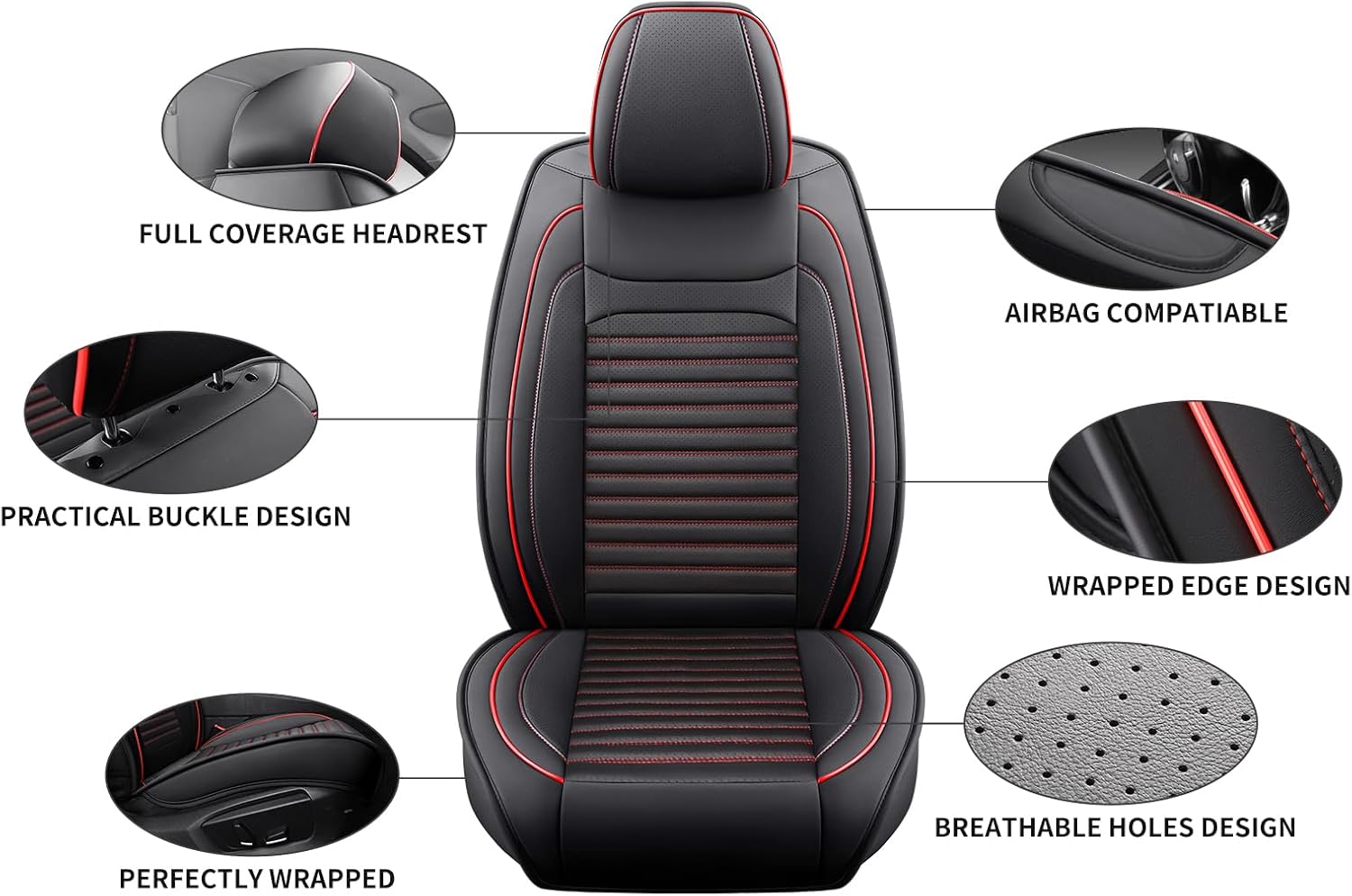 Car Seat Covers Full Set Fit for Acura MDX 2001-2026, Premium Faux Leather Car Seat Protector,Breathable Anti-Slip Full Wrapping Edge Seat Covers(Black&Red,Full Set)