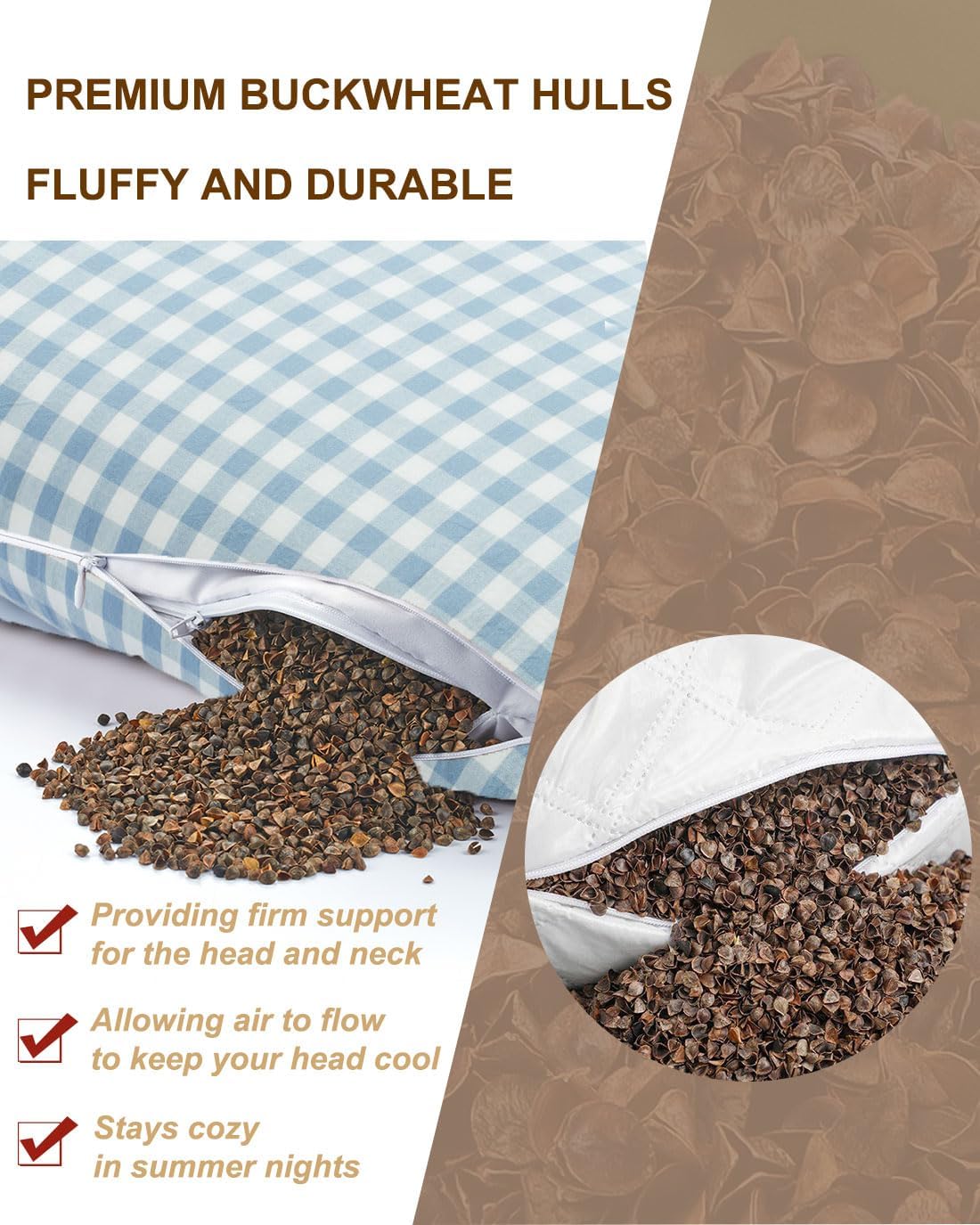 Buckwheat Hull Pillow for Sleeping, Rectangle Buckwheat Neck Pillow, Cooling Support Customizable Height with Removable Cover, Firm Comfort for Spinal Alignment, 23 * 13 Inch (Blue) - Image 2