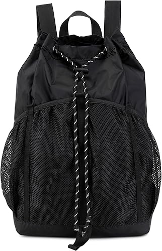 Lohol Mochila ligera de nailon con cordón y bolsillos de malla para mujeres y hombres, bolsa de cuerda resistente al agua para deportes, playa,