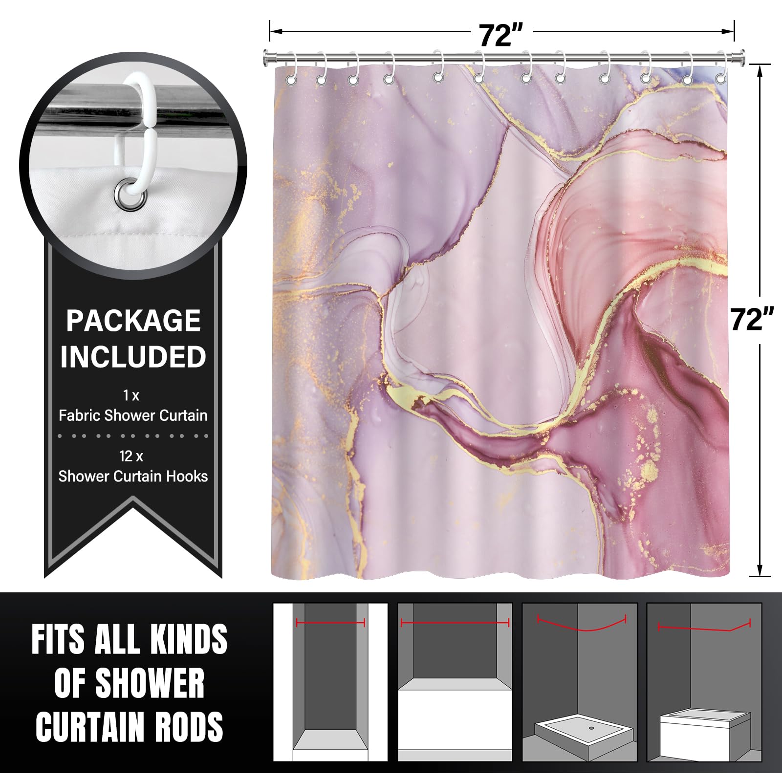 KAIRA Elegante cortina de ducha con diseño de mármol rosa con ganchos, 72 pulgadas de ancho x 72 pulgadas de largo, tela de poliéster impermeable y duradera, fácil de limpiar, decoración de baño de