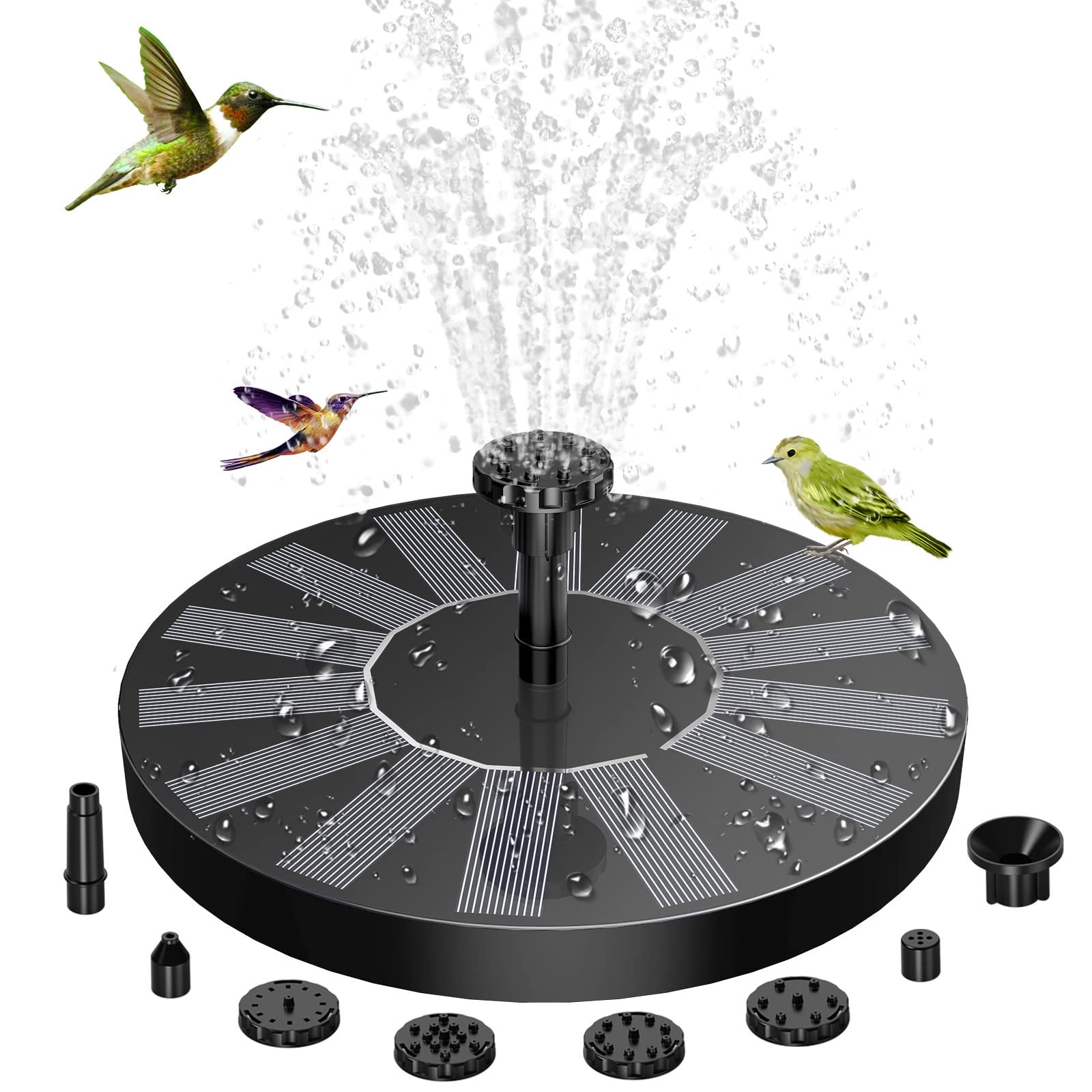 AMZtime Solar Fountain Pump 1.5W Bird Bath Fountain Solar Powered Water Fountain with 8 Nozzle Set & 4 Fixer, Solar Fountain Pump for Bird Bath, Garden, Pond, Pool