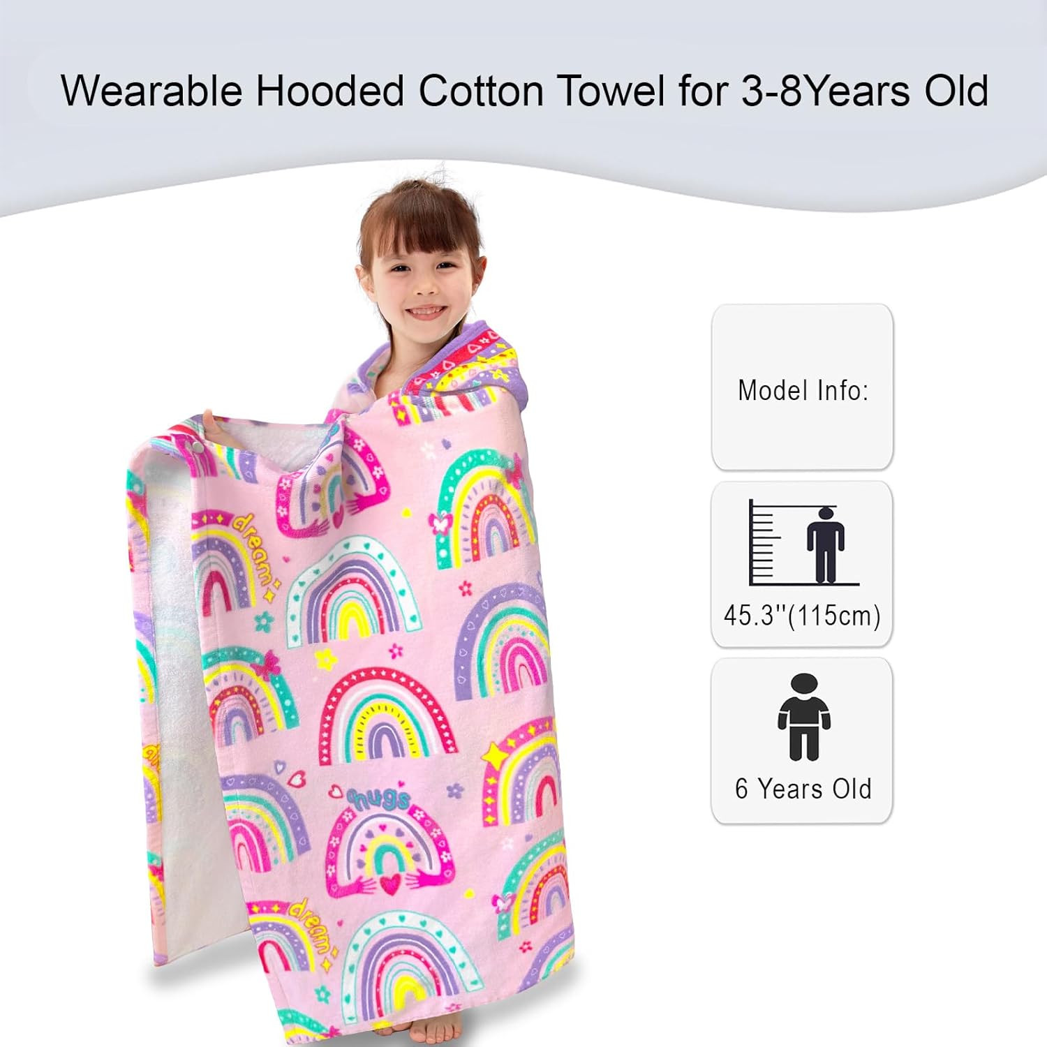 VOOVA & MOVAS Hooded Towels for Kid 3-8Years, 30''X50, Soft | Thick | 100% Cotton | Absorbent Towel Wrap for Girls, Perfect for Toddler Beach, Pool, Bath, Swimming,Rainbow - Image 2