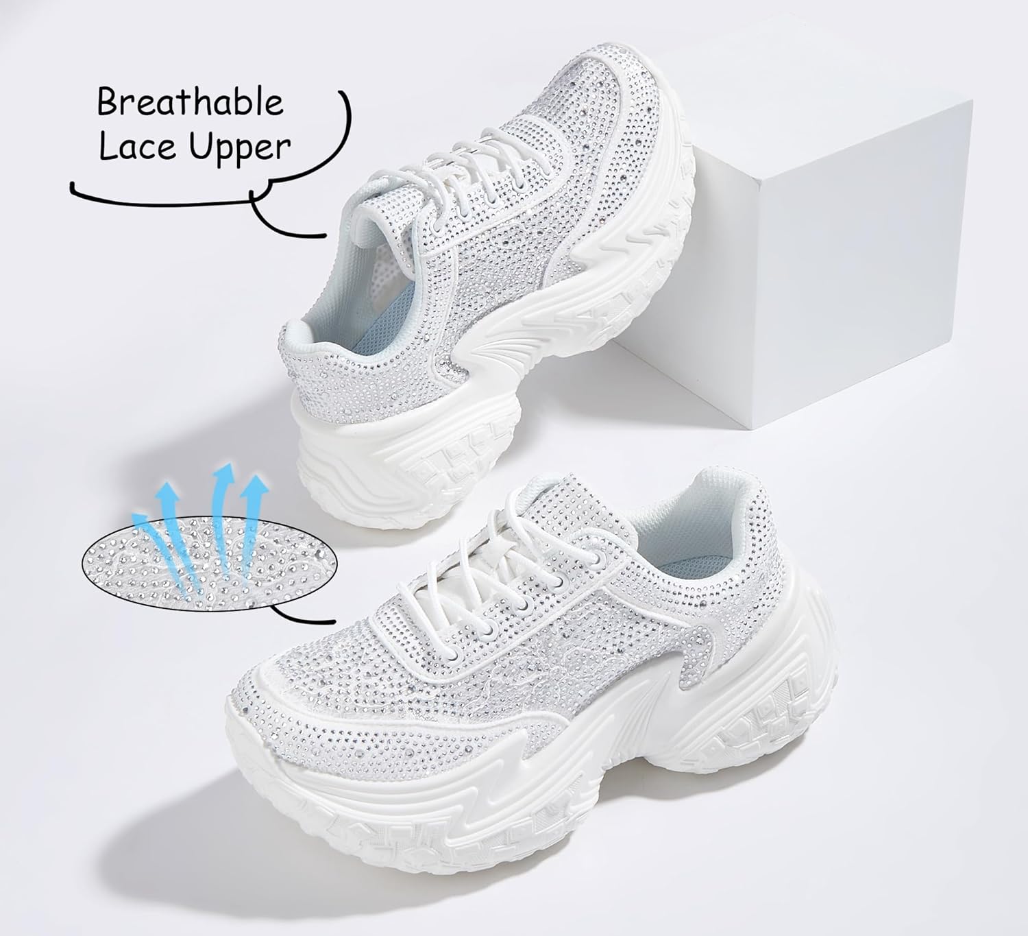 LUCKY STEP Women's Chunky Sneakers Platform Fashion Rhinestone Sparkly Dad Walking Shoes Butterfly Lace Wedge Casual Shiny Thick Sole Footwear - Image 3