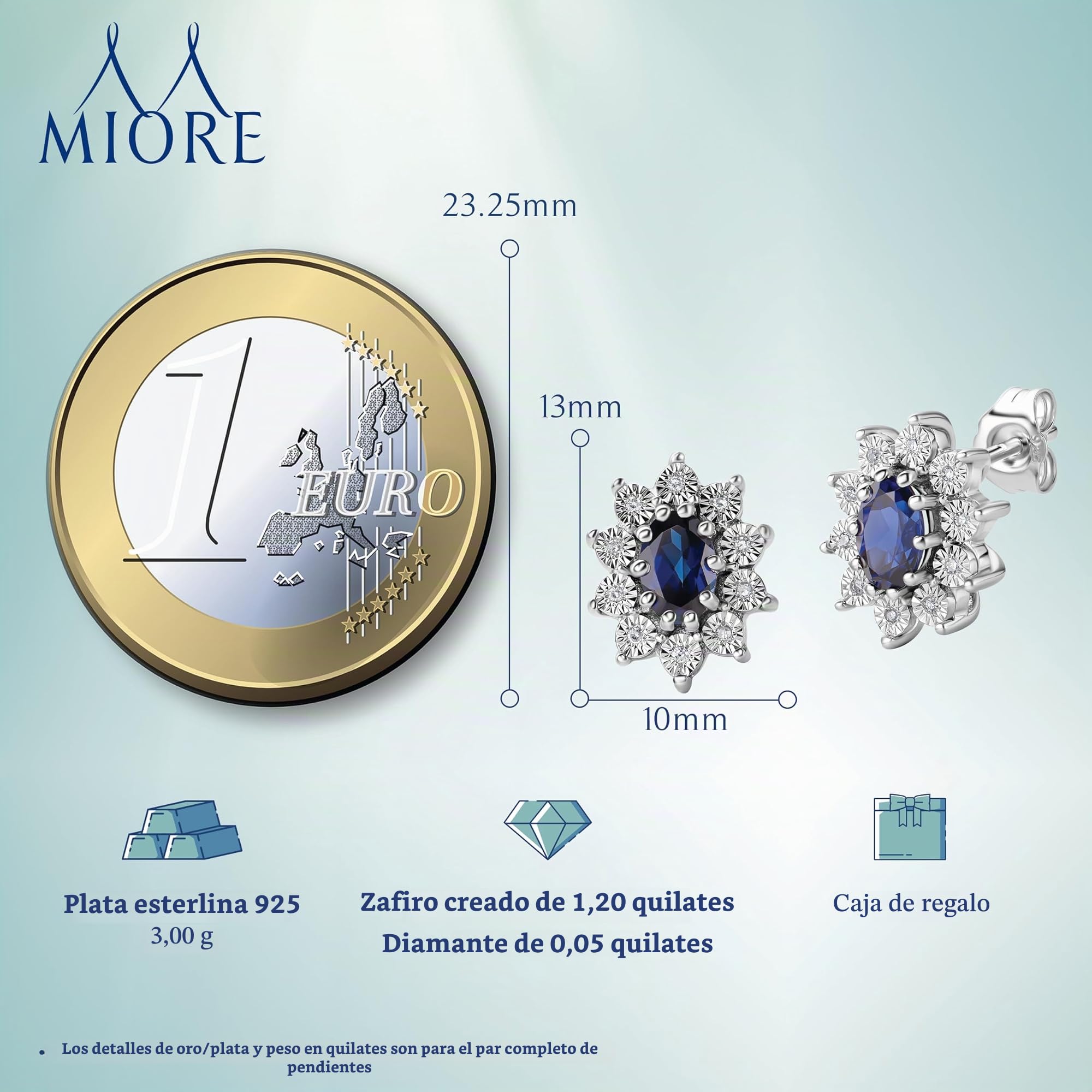 Miore Pendientes de mujer con zafiros y diamantes naturales en plata de ley 925, Kate Middleton Pendiente de zafiro hipoalergénico en el lóbulo. Cierre de espárrago y mariposa.