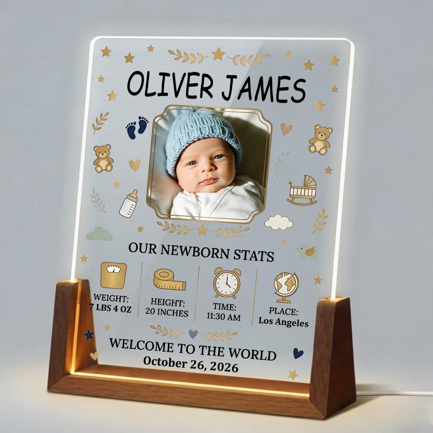 Custom Baby Photo Acrylic Plaque with Newborn Birth Stats, Personalized Name Date Time Weight Length Sign, Baby Shower Gifts for Boys Girls Nursery Decor, New Parent Keepsake with Wood Stand (Style 4- Black Printing)
