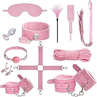Vista 12 de Rbenxia 12 piezas de kits de restricciones BDSM Bondage para el sexo, esposas de fetiche, esposas de tobillo, collar, venda para los ojos, látigo