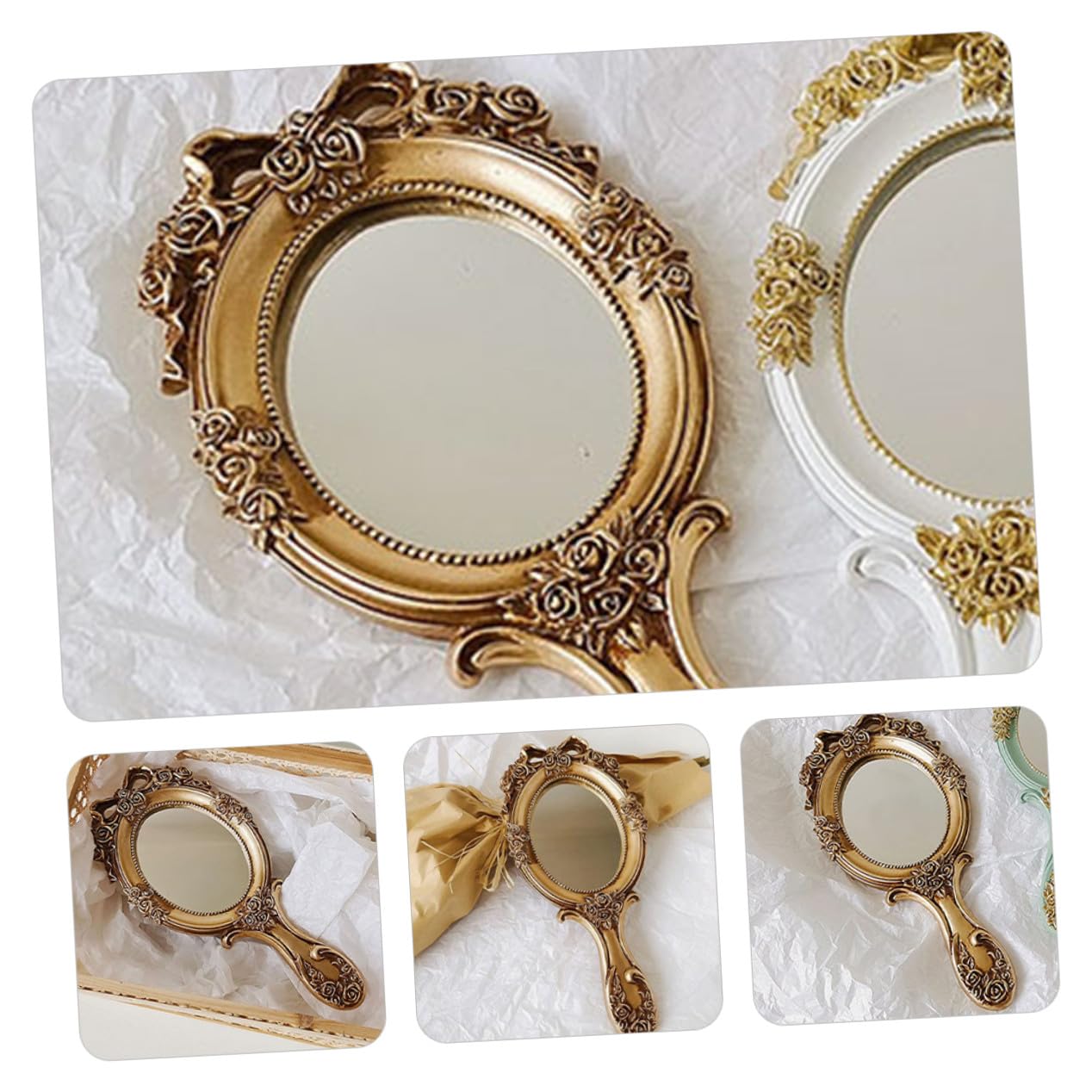 2 Stück Vintage Handspiegel Griff Tragbarer Kompakter Reise Make up Spiegel für Damen Filigraner Retro Handspiegel mit Floralem Design Leicht und Dekorativ Geschenk