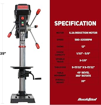 BUCKTOOL 12 INCH 6.2A Professional Bench Drill Press, 3/4HP Powerful Benchtop Drill Press, Variable Speed Drill Press with IIIA Laser and Work Light