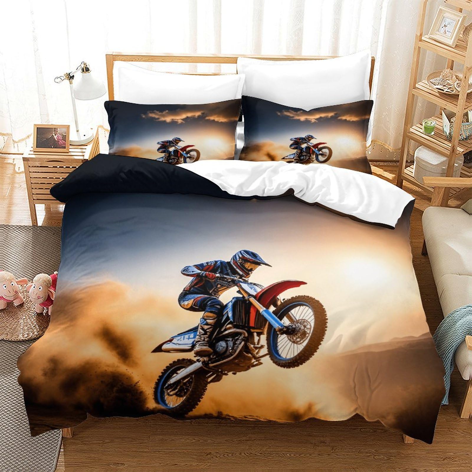 XiaopangXY Dirt Bike Luxe Bedding Set Hidden Zipper Mountain Moto- Racing Duvet Cover Set with Pillowcases Quilt Cover SetSoft Microfiber Comforter Cover for Kids Adults Double（200x200cm）