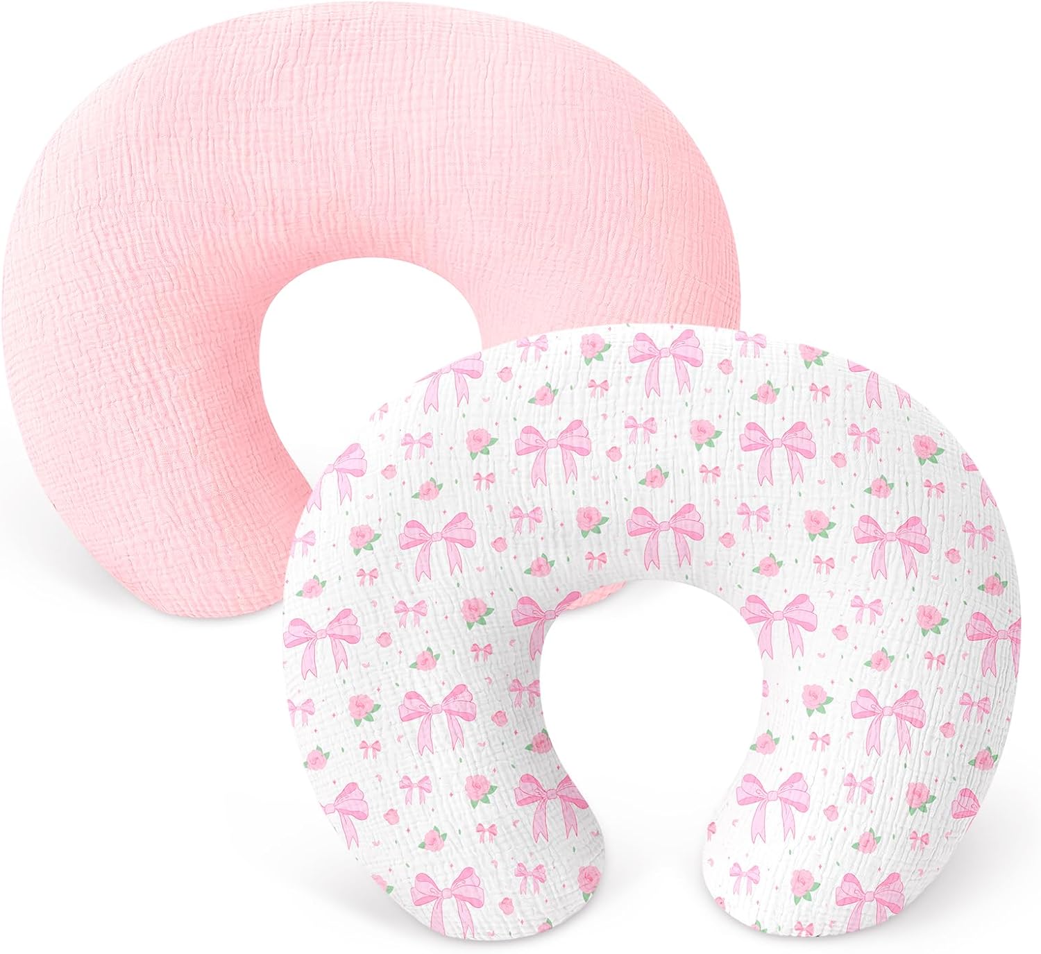 Nursing Pillow Covers 2 Pack, 100% Cotton Soft & Breathable Nursing Cover for Breastfeeding, Pillow Slipcover for Baby Girls Boys, Pink Bow