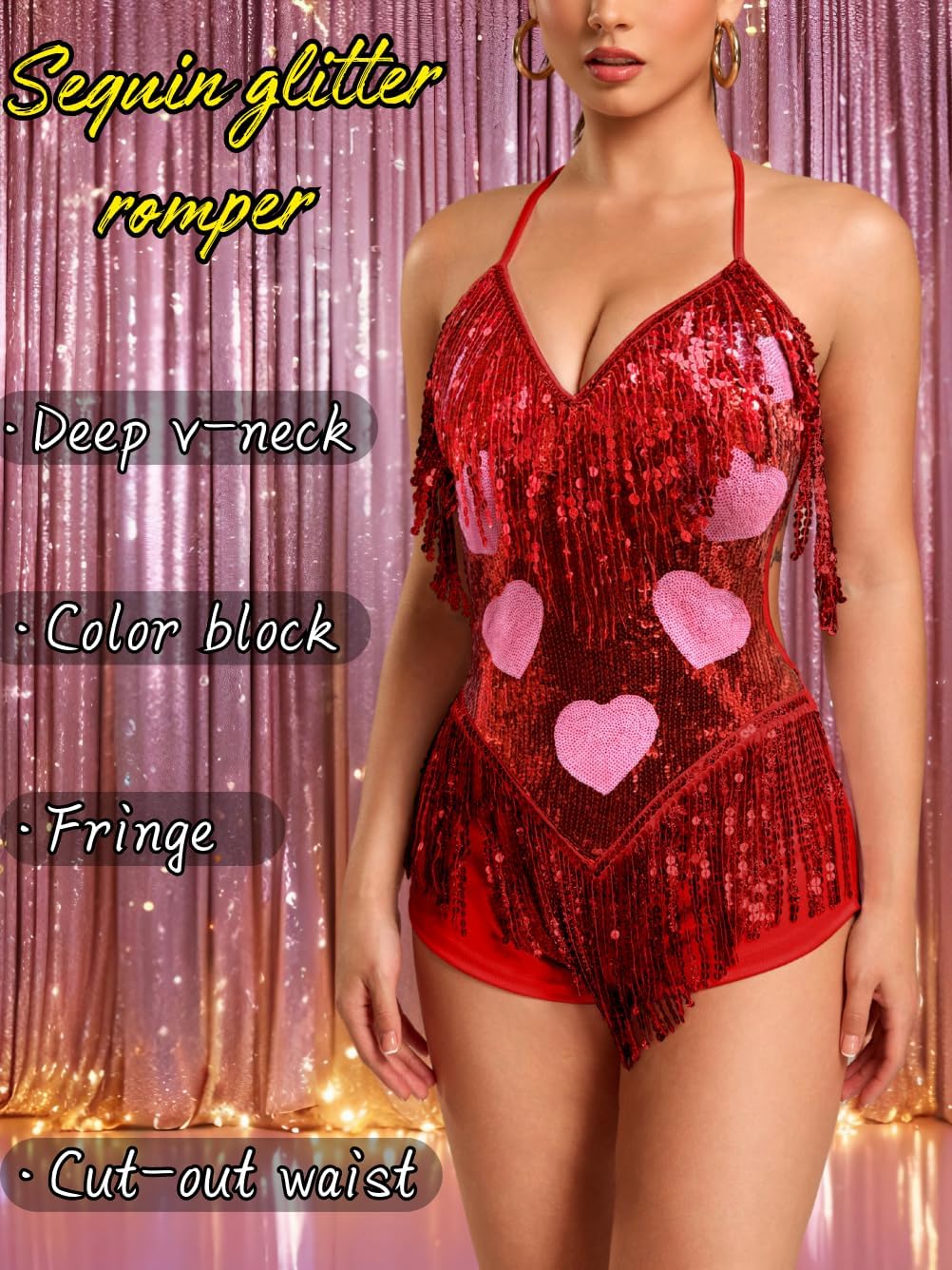 Kaei&Shi Sequin Rave Bodysuit,Deep V Fringe Sexy Disco Outfit Woman,Sparkly Glitter Concert Dance Romper