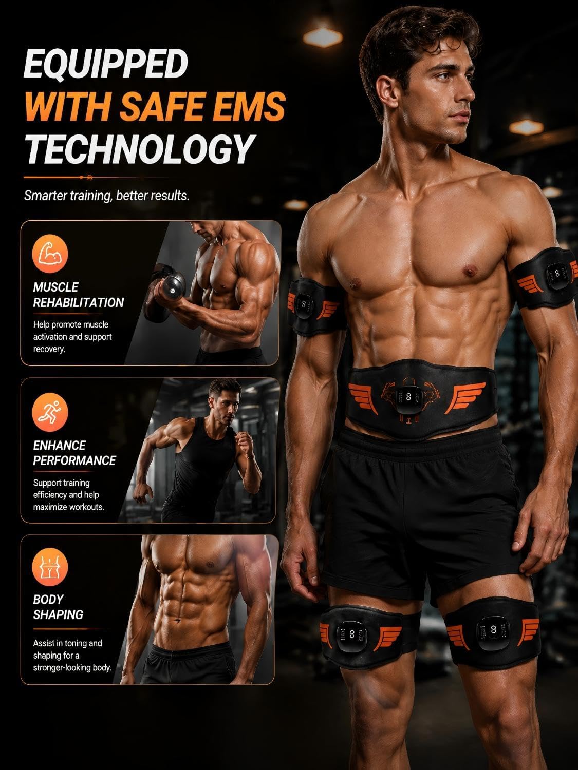 EMS Muscle Stimulator 5-Piece Set, Rechargeable ABS Stimulator & Ab Toning Belt for Abdomen, Arms and Legs, Muscle Toner Workout Equipment for Core Training for Men & Women, Body Sculpting & Fitness