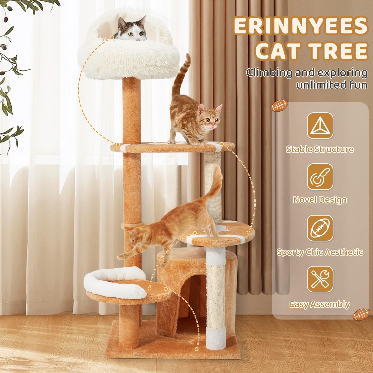 Erinnyees 51" Football Cat Tree Tower for Indoor Cats, Game Day Sports Themed Cat Condo with Sisal Scratching Posts & Hammock, Unique Pet Furniture Gifts for Fans