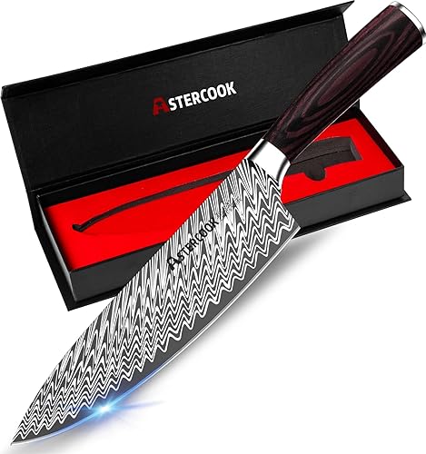 Cuchillo de chef, cuchillo de cocina japonés Pro de 8 pulgadas, acero inoxidable de alto carbono con patrón de damasco, mango ergonómico de madera