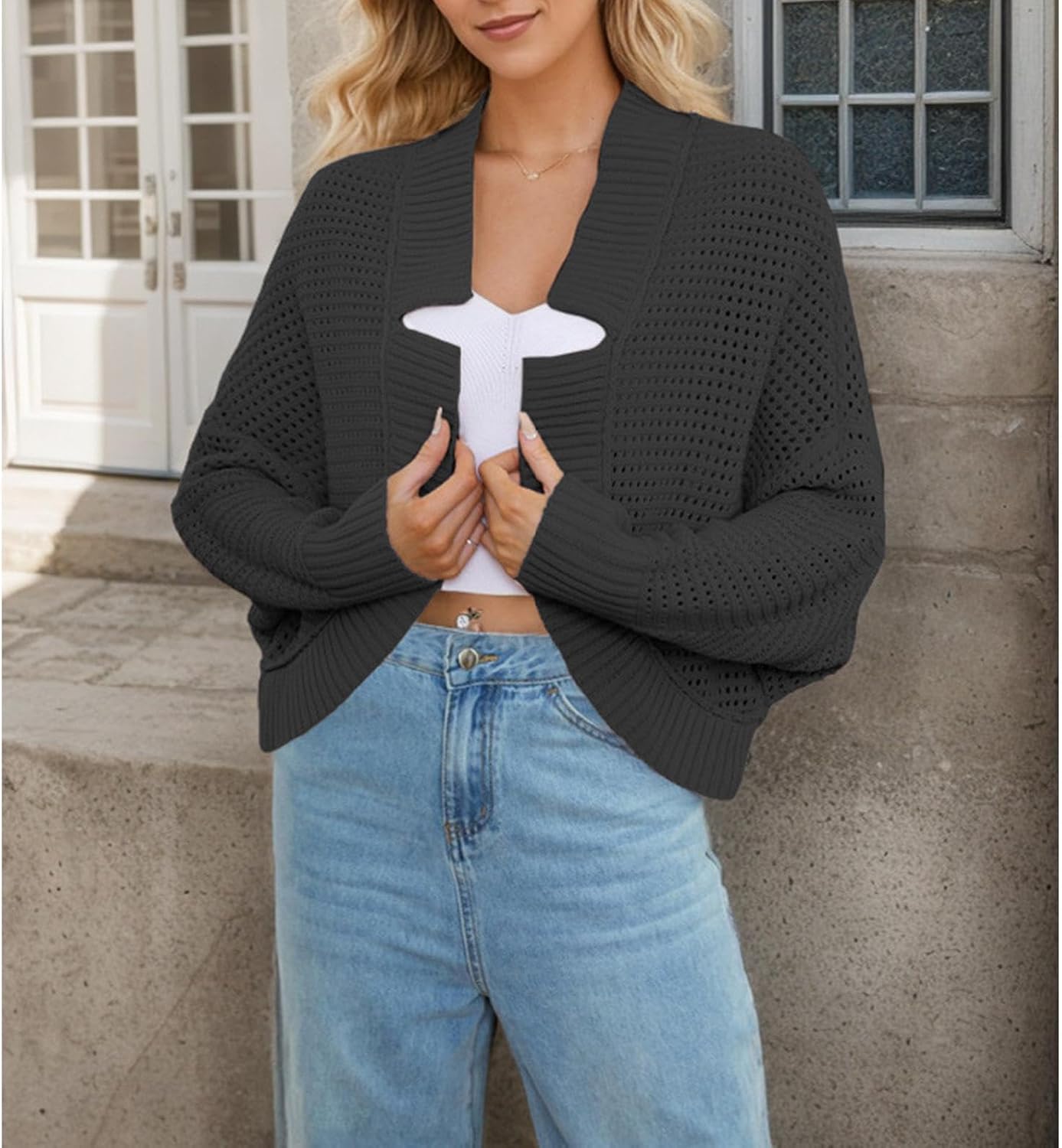 HANMAX Womens Fashion Cardigan Sweaters Long Sleeve Shrug Knitted Open Front Casual Cropped