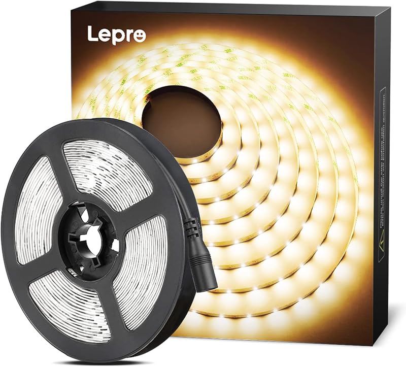 Lepro 12V LED Strip Light, Flexible, SMD 2835, 16.4ft Tape Light for Home, Kitchen, Party, Christmas and More, Non-Waterproof, Warm White(Not Include Power Adapter)