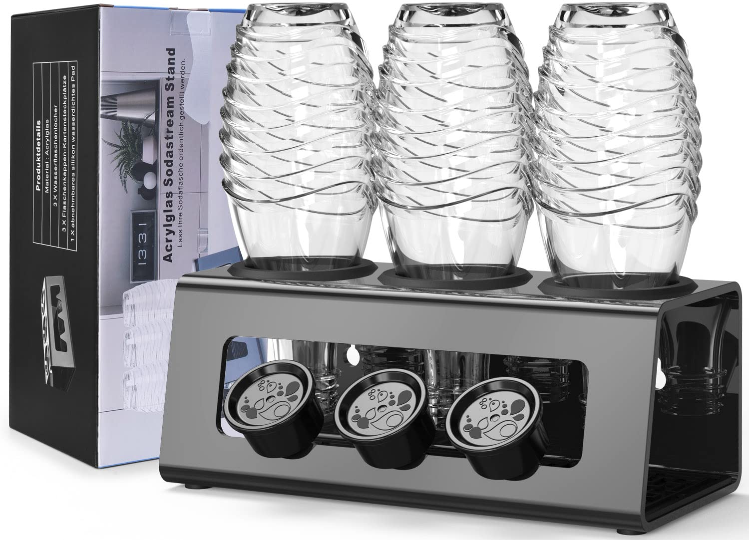 Sliandtelly Portabottiglie in acrilico trasparente e scolapiatti per bottiglie SodaStream, stabile antigoccia con coperchio e tappetino in silicone, scolapiatti da cucina antigraffio per Crystal 3