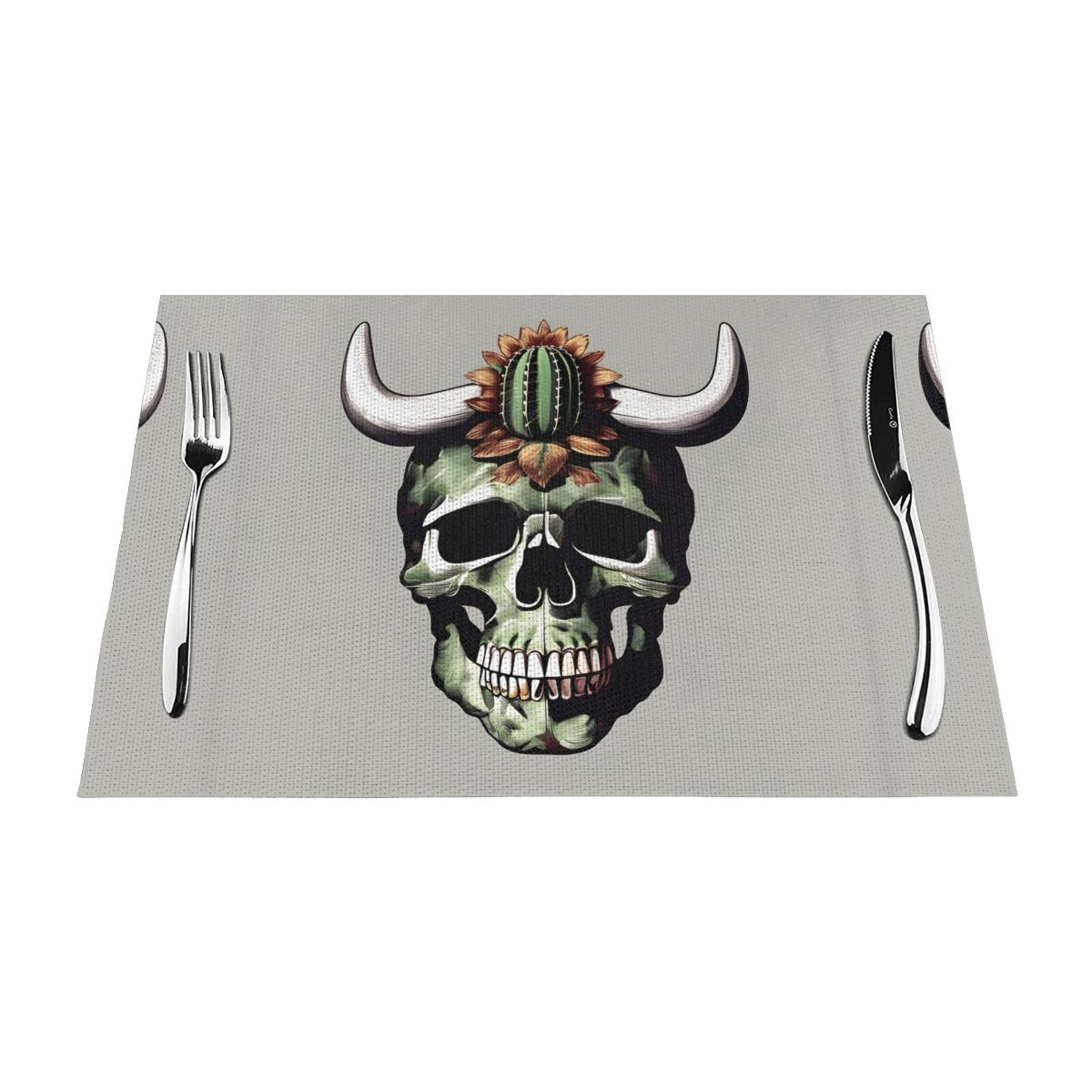 Placemats Set of 6,Table Mats Washable Placemat Decoration, Cute Cactus and Skull of Bull Print