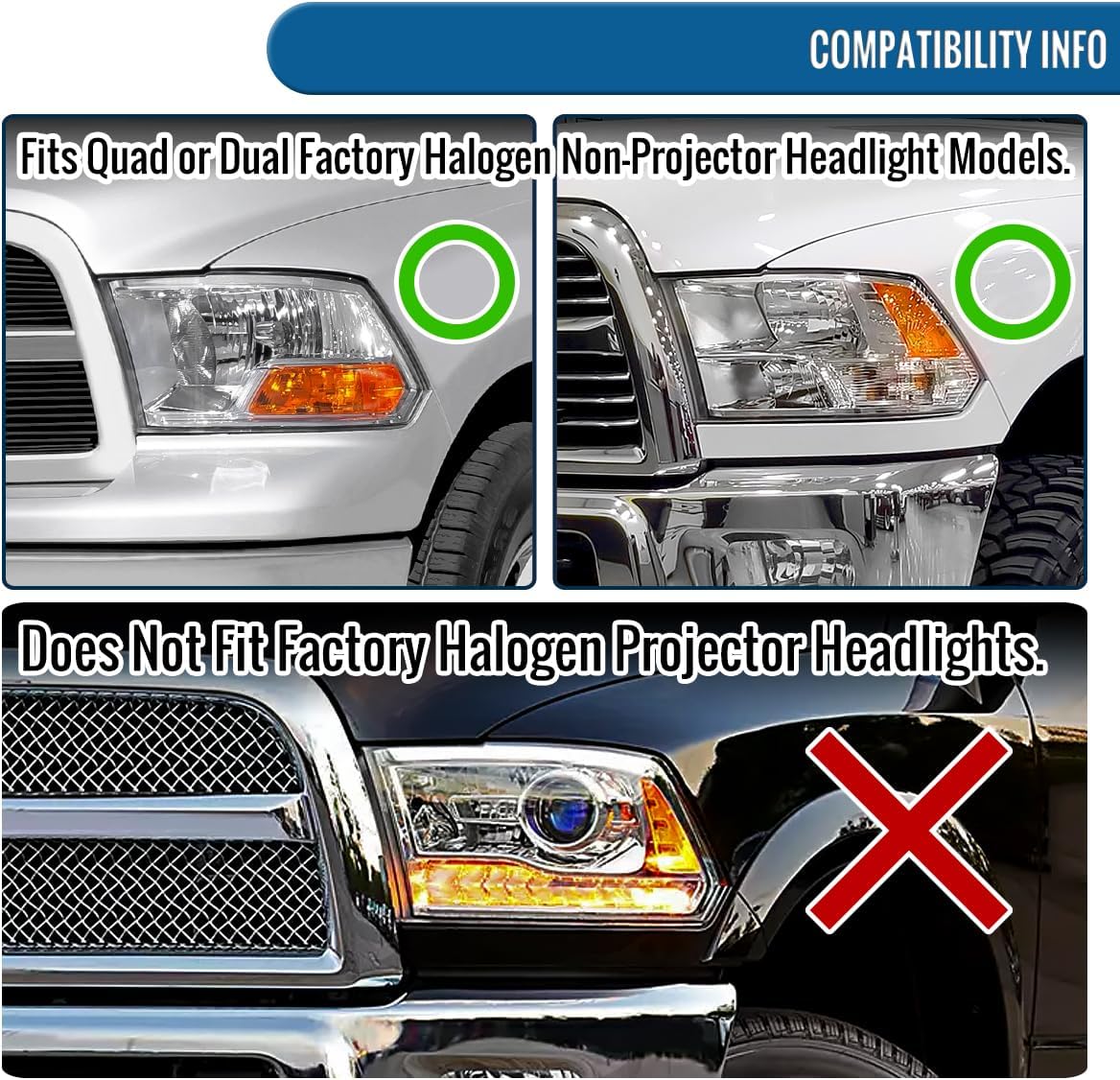 Ronnin - Fits 2009-2024 Ram 1500 2500 3500 Classic Pickup Truck Projector Headlights Replacement Assembly Pair | Black