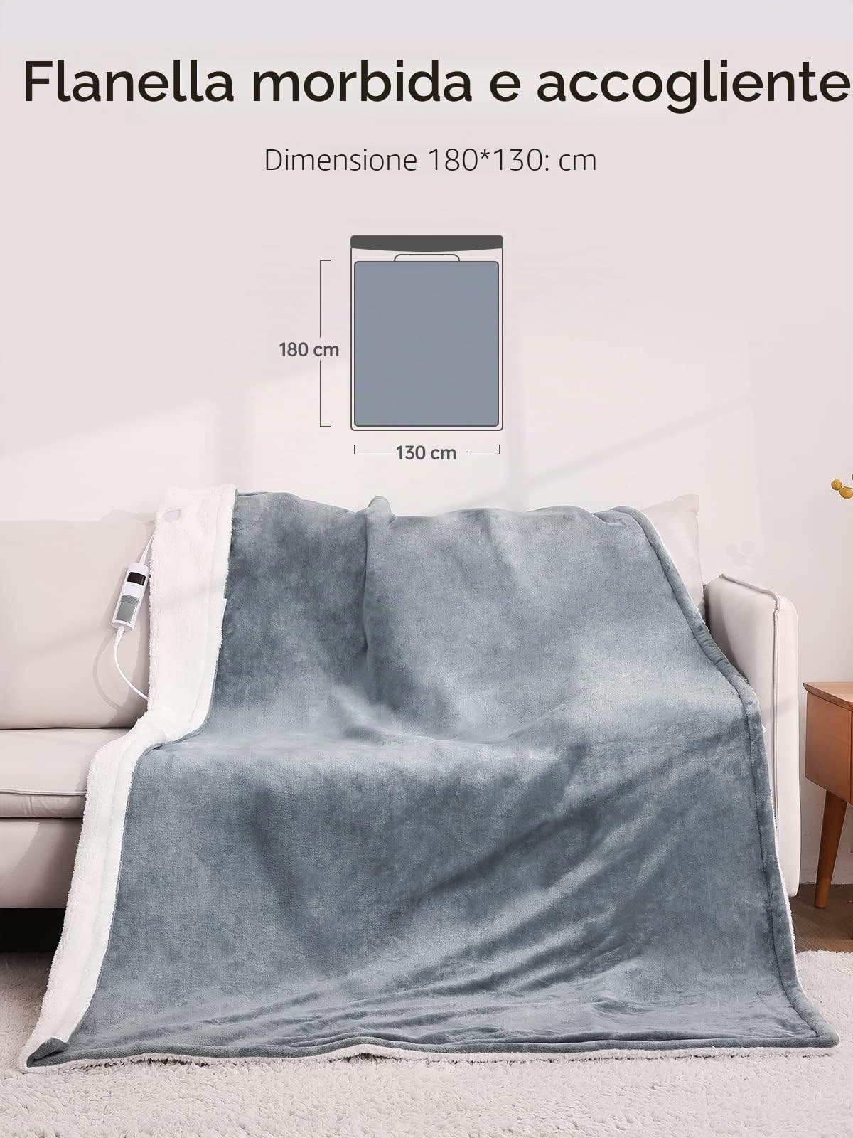 CURECURE Coperta Elettrica Coperta Accogliente Coperta In Flanella, Coperta Doppia 130 * 180 Cm, 6 Livelli Di Riscaldamento E Spegnimento Automatico 6H, Controller Staccabile-Grigio Chiaro