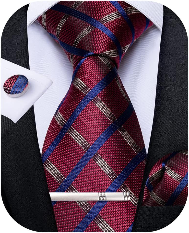 DiBanGu Plaid Tie Men's Silk Tie and Pocket Square Cufflinks Tie Clip Set Wedding Business, Red2, One size