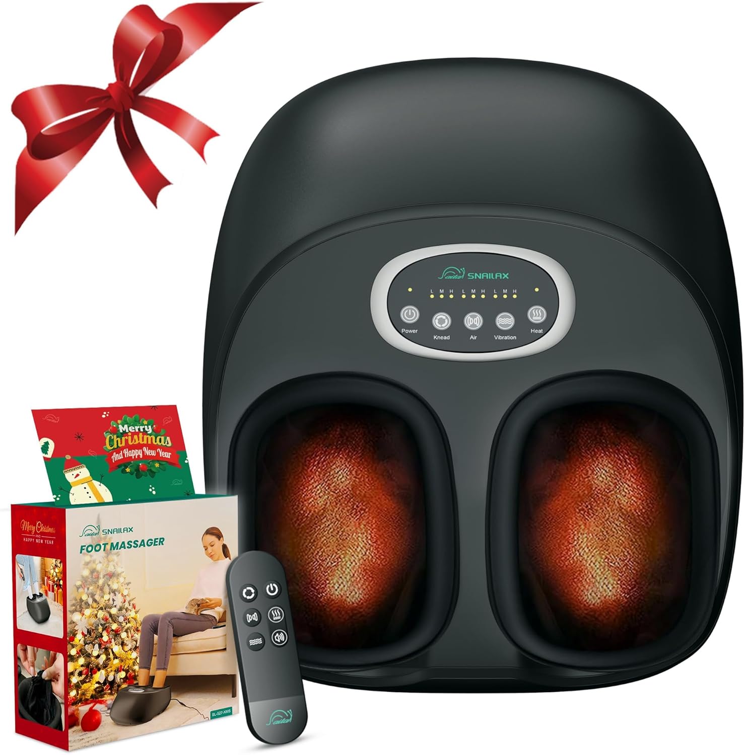 Snailax Christmas Gifts, Foot Massager with Heat, Greeting Card, Shiatsu, Vibration, Rolling, Compression Feet Warmer Massager, Remote Control, Size 13