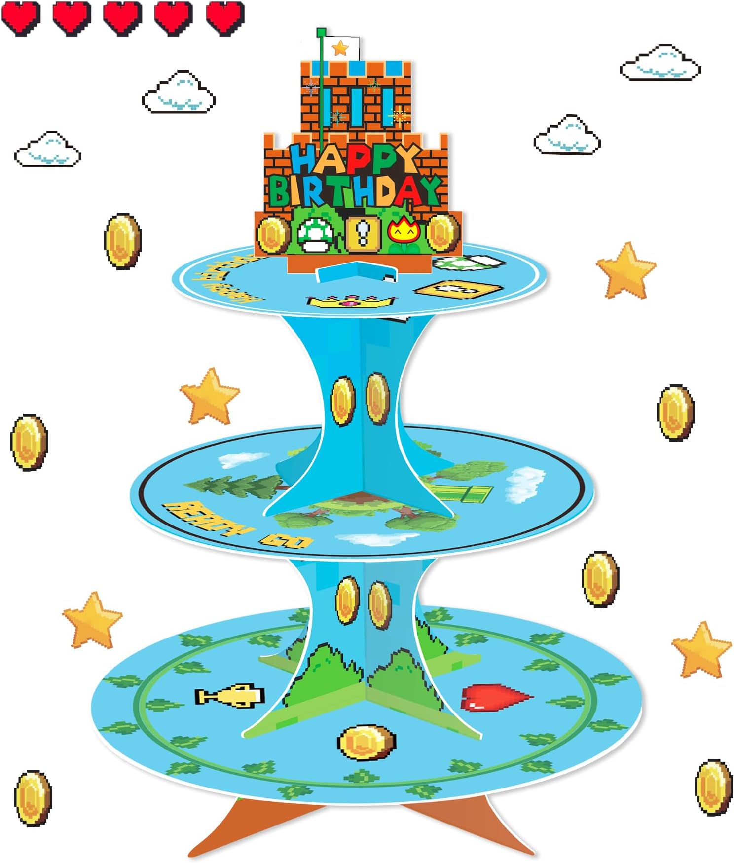 Super Brothers Party Cupcake Stand with Stars & Goldcoin Cupcake Toppers 24pcs, Video Game Birthday Party Supplies for Kids Boy Birthday Cupcake Decoration Super Game Bros 3 Tier Cupcake Stand