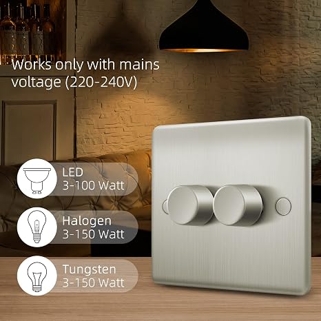 Double Led Dimmer Light Switch, Trailing Edge Light switch for Dimmeable LED/Halogen Lights, Rotary Push On/Off, 2 Gang 1 Way/2 Way, 3-150W, Brushed Steel