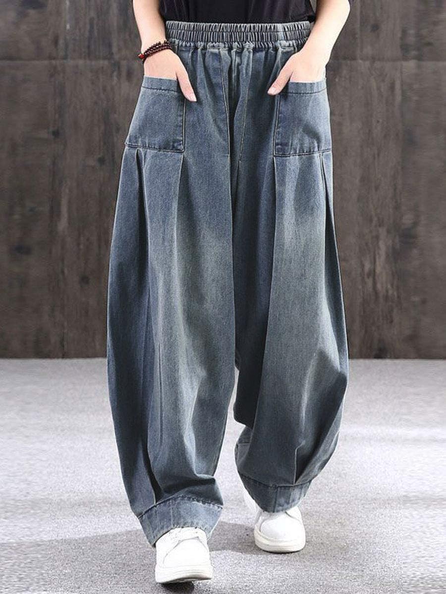 ebossy Women's Denim Harem Pants Elastic Waist Pleated Wide Leg Baggy Jeans - Image 2
