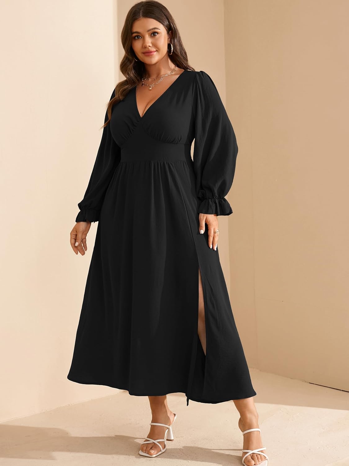 RWJ Plus Size Wedding Guest Dress for Women Deep V Neck Long Sleeve High Waist Slit Formal Cocktail Party Fall Maxi Dresses - Image 8
