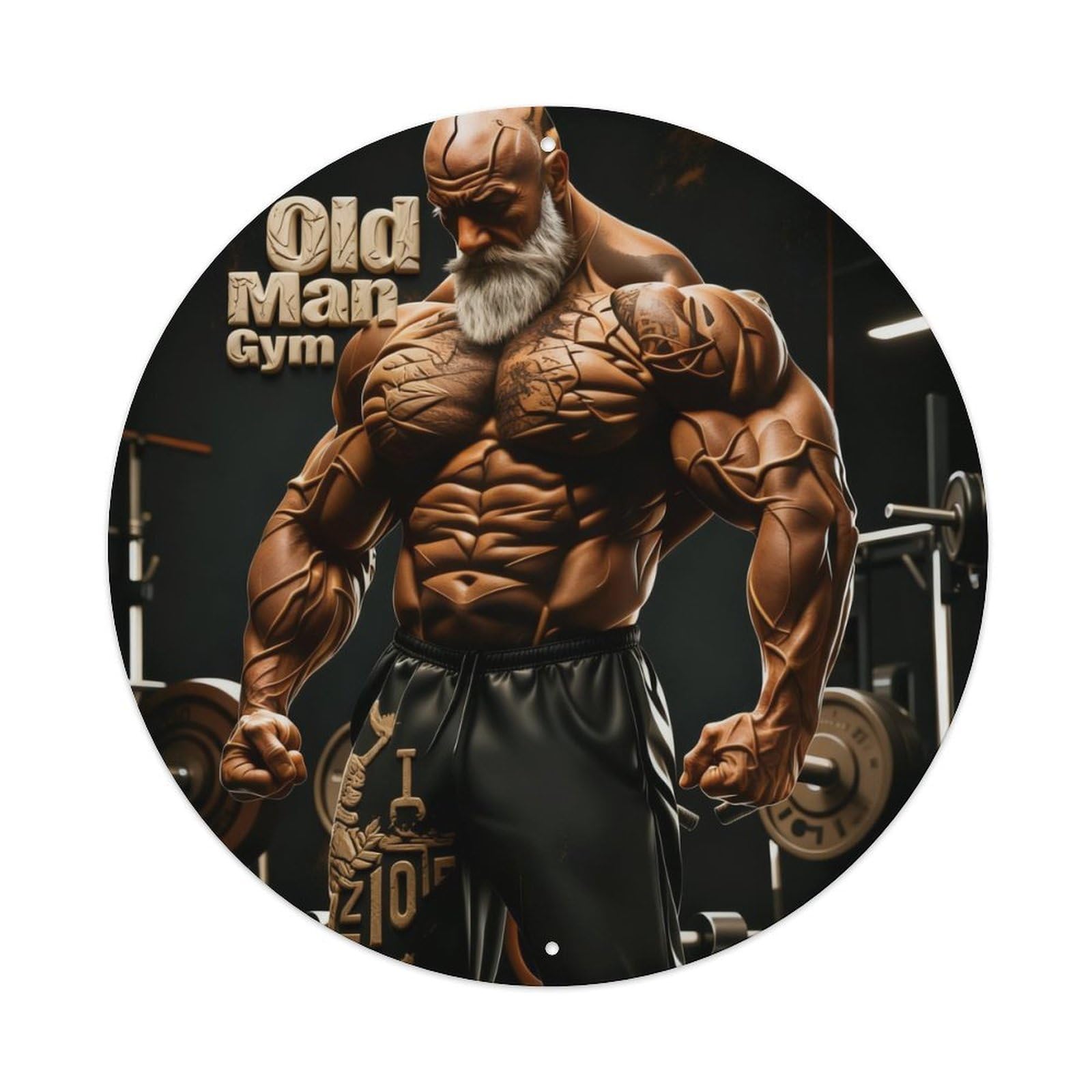 Old Man Gym Muscle Art Round Metal Tin Sign Vintage Wall Decor, Bar Garage Cafe Kitchen Home Wall Art Poster 8x8inches