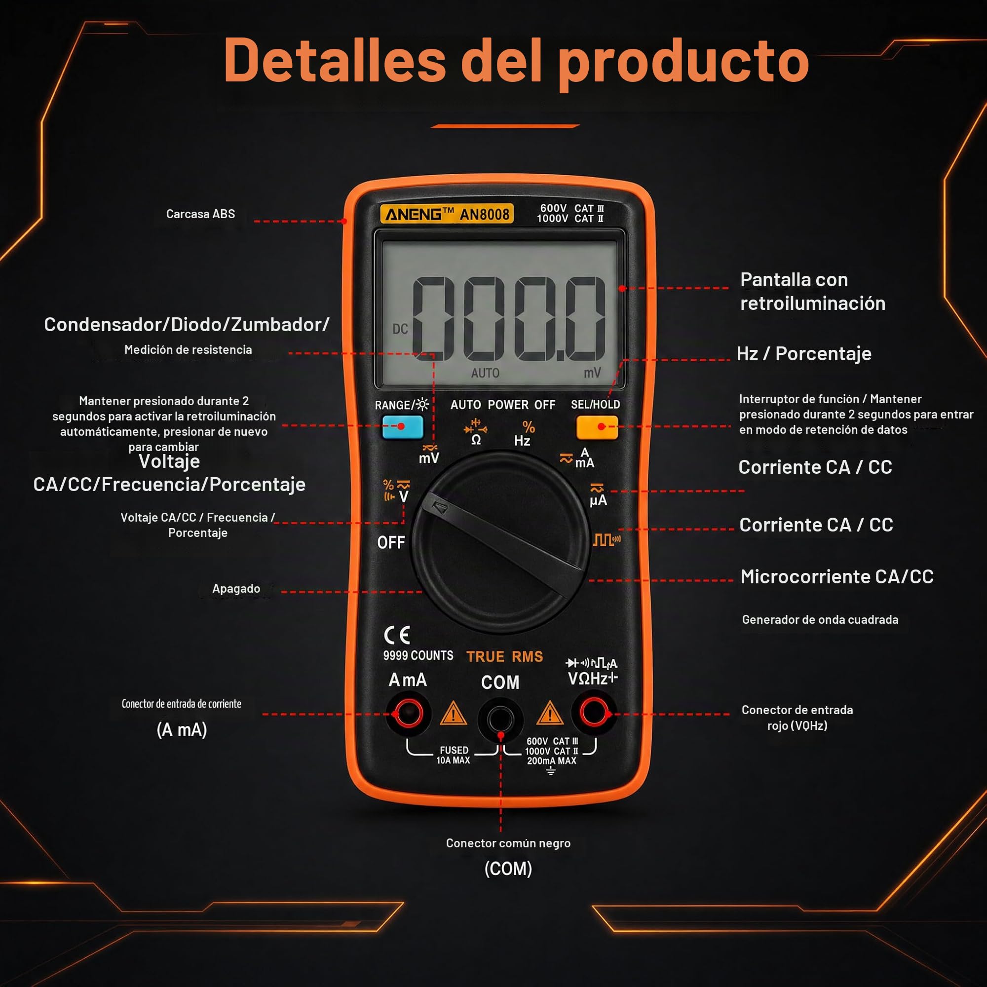 AN8008 Multímetro digital True Tensión CA Voltaje CC Amperímetro Corriente Ohm Medidor Probador Diodos Transistores Temperatura Rojo