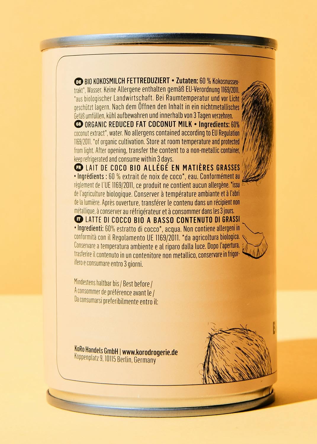 KoRo - Fettreduzierte Bio Kokosmilch 12 x 400 ml - Aus Kokosnuss-Extrakt - Aromatischer Genuss - Vielseitig einsetzbar