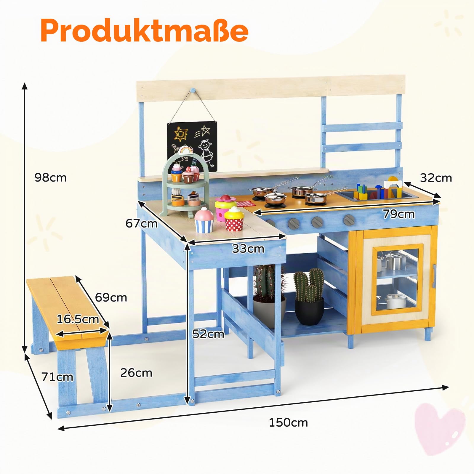 FANTASK Tannenholz Kinderküche, Matschküche mit Picknicktisch & Bank, Dessertzubehör Küchengeschirr Tafel, Outdoor Spielküche Küche für Kinder ab 3 Jahren (Hellblau)