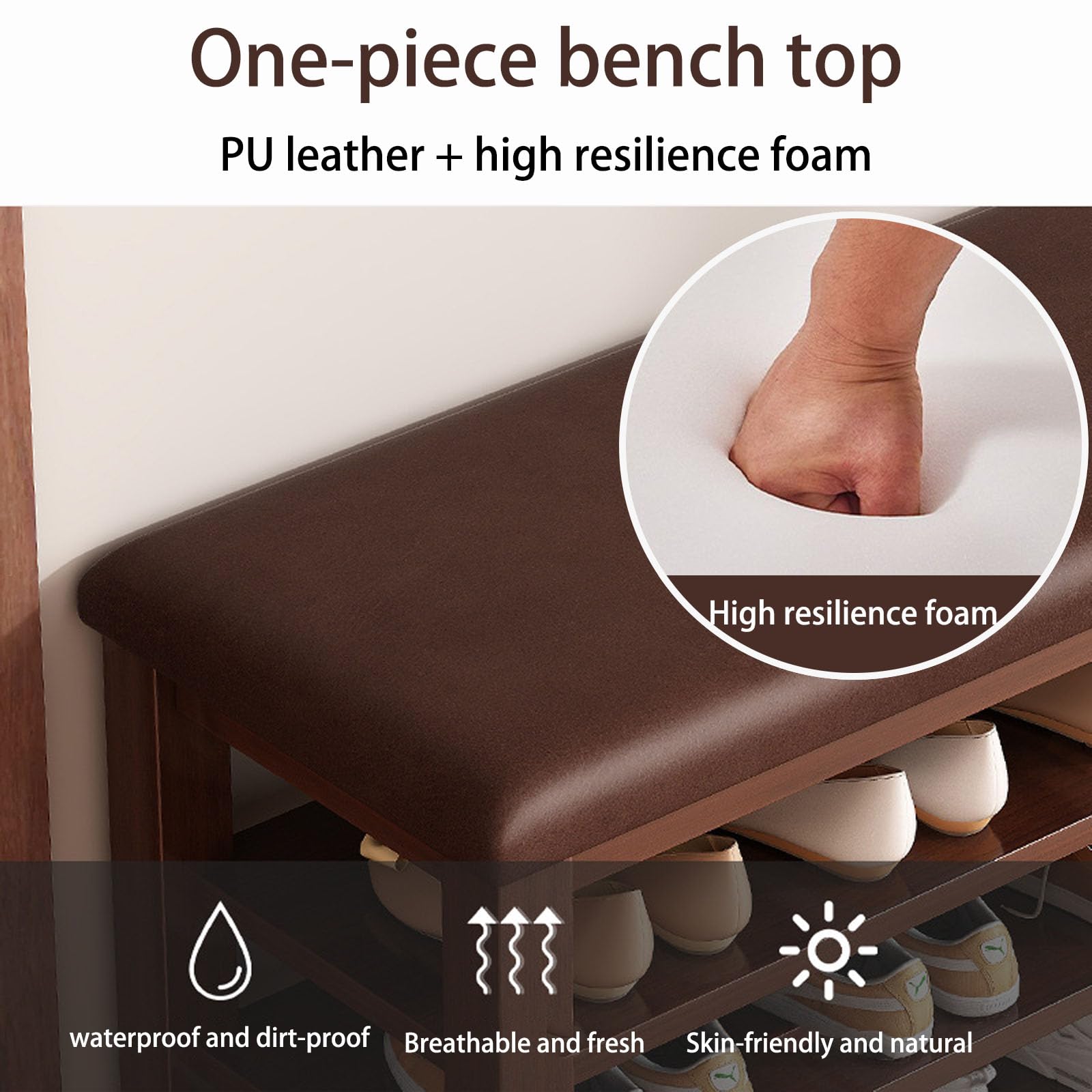 Banco de almacenamiento de zapatos duradero de 100 cm para exteriores con asiento de madera, elegante diseño de rejilla, zapatero móvil perfecto para uso en puerta delantera, color marrón.
