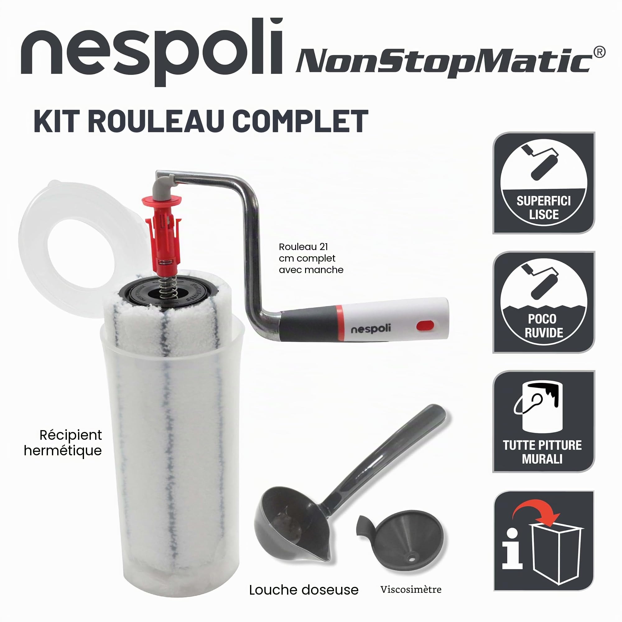 Nespoli NonStopMatic Système de Rouleau de Peinture 21 cm avec réservoir de Peinture intégré et mécanisme de déverrouillage Automatique Blanc/Gris
