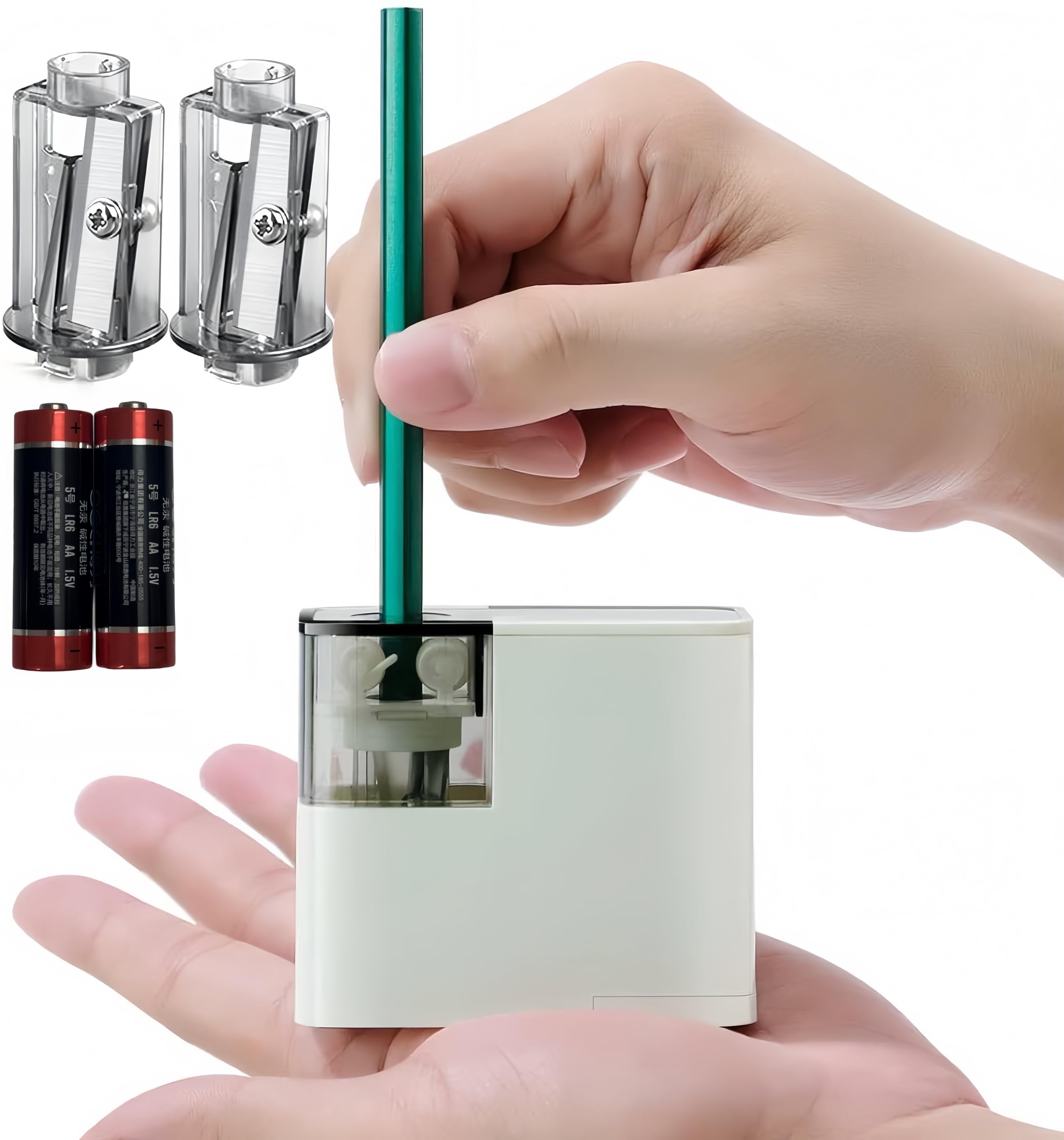 Temperamatite elettrico con batteria, alimentato a batteria per matite colorate, temperamatite portatile, due lame di ricambio per matite colorate da 6-8 mm, ufficio, casa, scuola