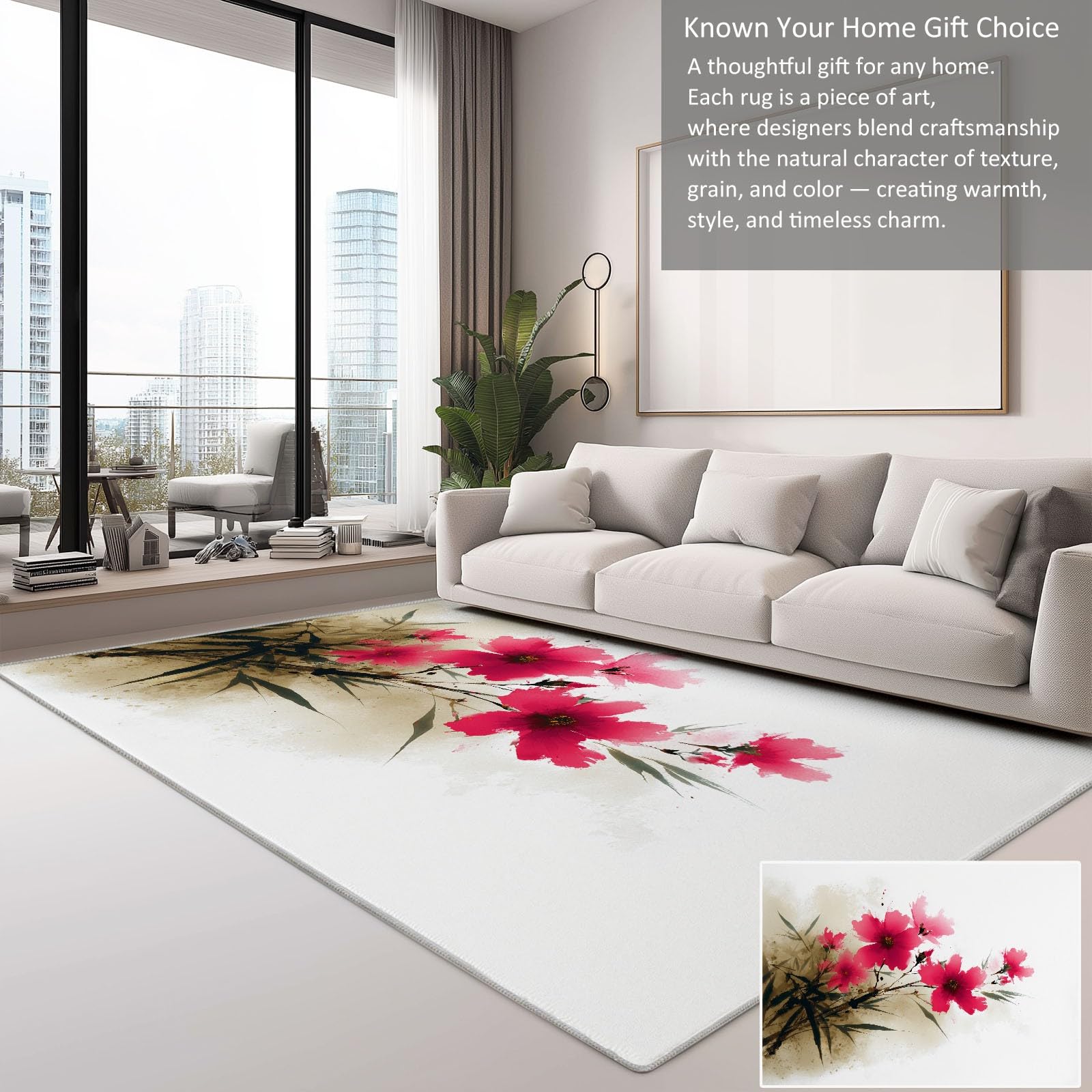 Genérico Dywan można prać w pralce 160 x 230 cm, antypoślizgowy i antypillingowy dywan liście kwiaty - dywan miękki tusz chiński obraz do salonu sypialni jadalni korytarza i kuchni