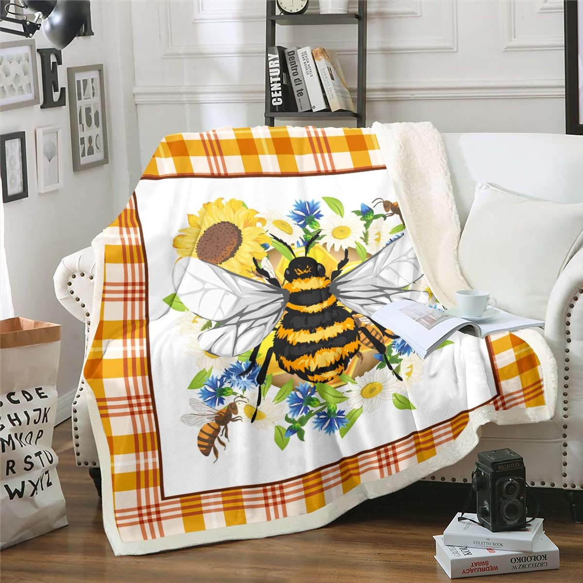 Honey Bee Blanket Throw Size Sunflower Daisy Throw Blanket for Couch Blue Floral Green Leaves Travel Blanket Geometric Buffalo Plaid Fleece Blanket Animal and Botanical Theme Sherpa Blanket